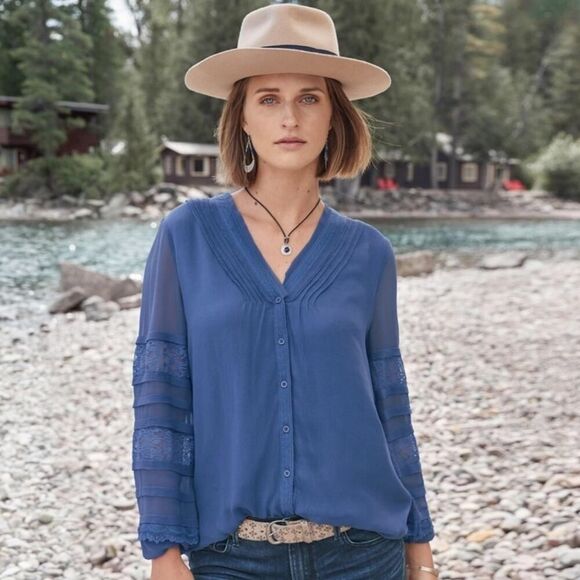 Sundance Mellow Days Cupro Pintuck Lace Inset Blouse sz S - Picture 1 of 12